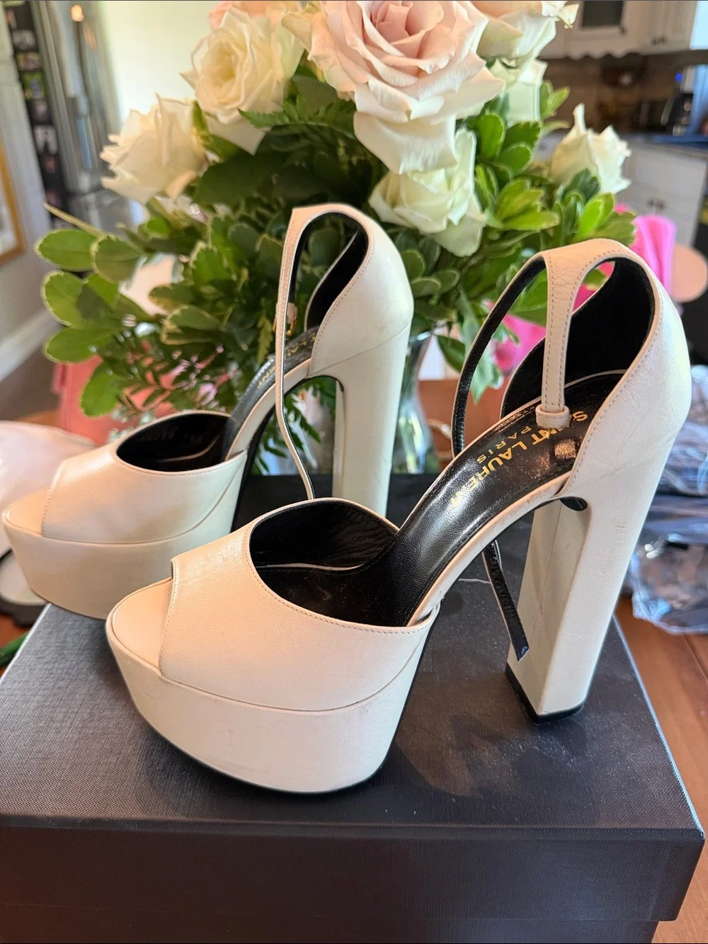 Saint Laurent Cream Platform Peep-Toe Slingback Heels
